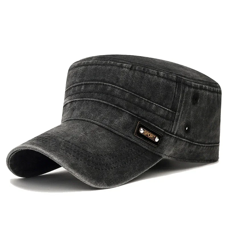 New Unisex Washed Distressed Cotton Flat Top Cadet Hat Fashion Men and Women Outdoor Casual Sport Sun Visor Flat Cap