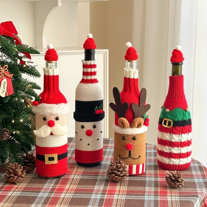Christmas Decorations Knitted Wine Bottle Cover Wool Champagne Cover Santa Claus Wine Cover Wine Bottle Bag