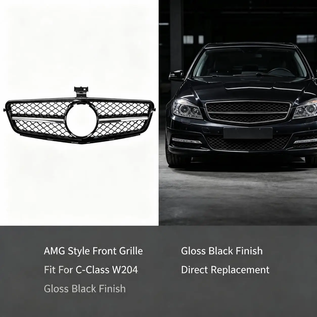 Image of AMG-Style Frontgrill in Hochglanz-Schwarz für Mercedes-Benz C-Klasse W204 C250 C300 2008-2013 Frontstoßstangen-Grill Ersatz