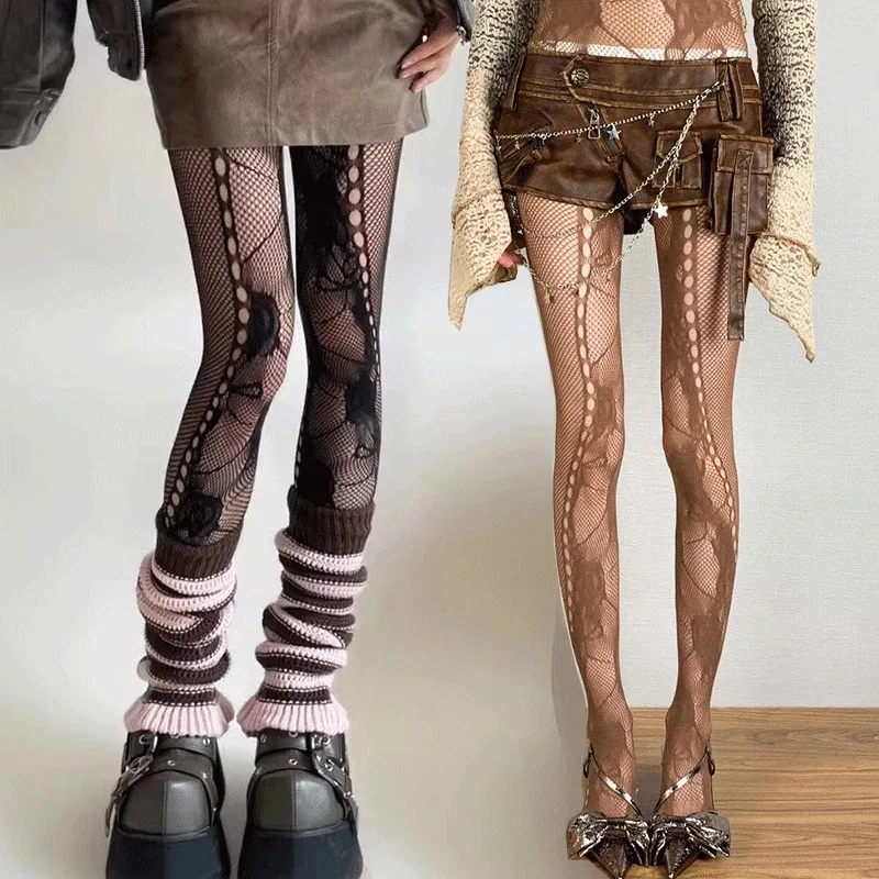 Y2K JK Floral Jacquard Sexy Stockings Women Gothic Punk Black Fishnet Pantyhose Harajuku Lolita Irregular Rose Holes Mesh Tights