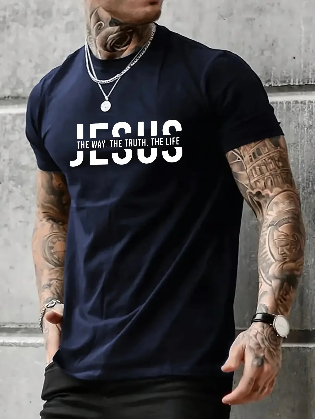 

Summer men's 100% pure cotton casual loose fit Jesus Way truth life letter printed round neck short sleeved T-shirt top