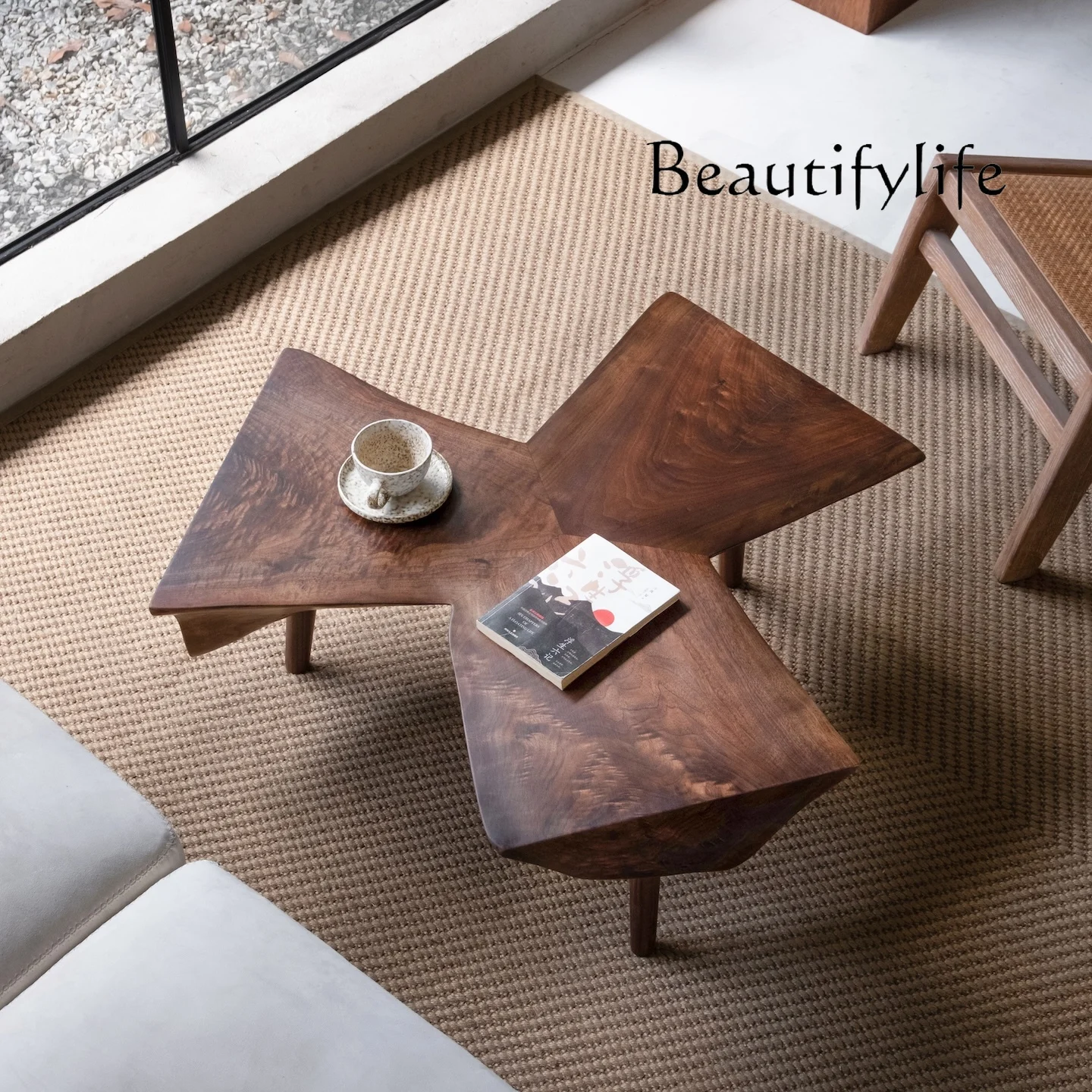 Black walnut solid wood tea table three-petaled wood design medieval walnut log special-shaped coffee table