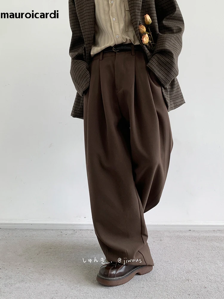 Mauroicardi Spring Coffee Flowy Baggy Wide Leg Pants for Mens Streetwear Unisex Clothing Fashion Loose Casual Soft Trousers 2024