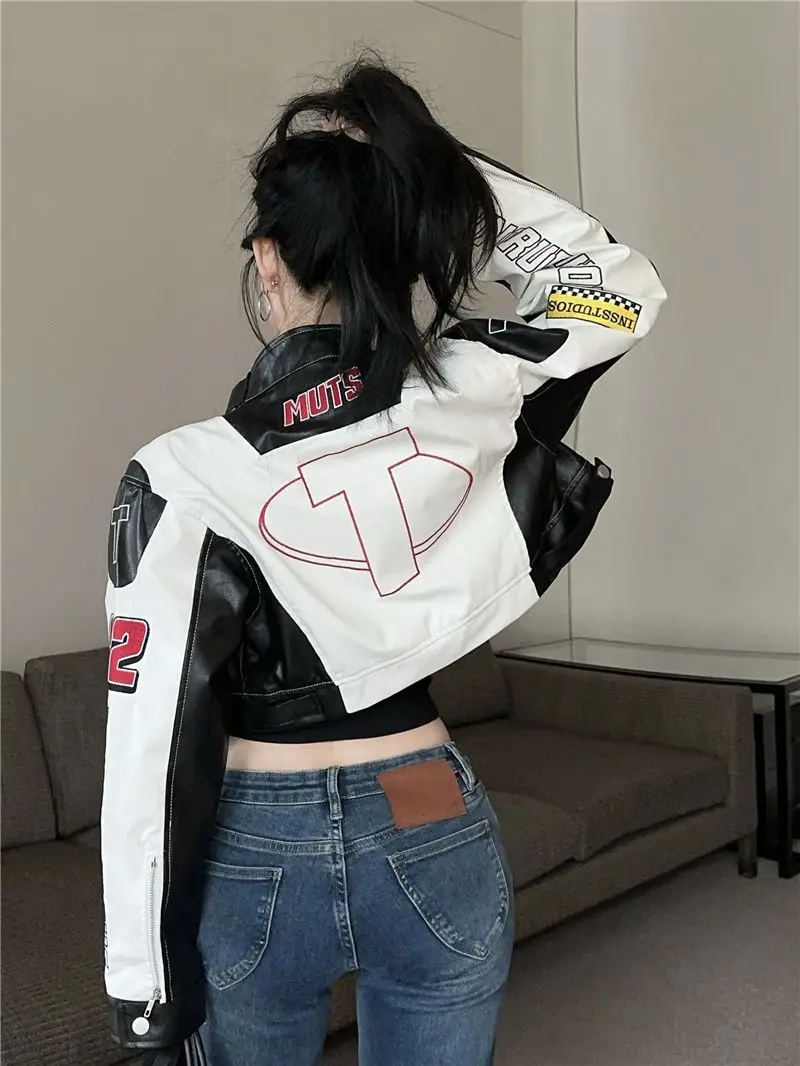 2025 Spring Autumn Coat American Street Hot Girl Motorcycle Couple Leather Jacket PU Leather Embroidered Baseball Uniform Jacket