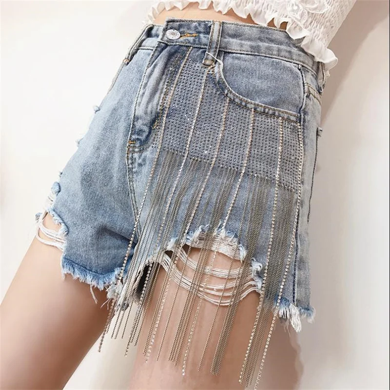 

2022 summer new diamond-studded tassel ripped hole raw edge denim shorts women's high waist show thin wide leg short pants