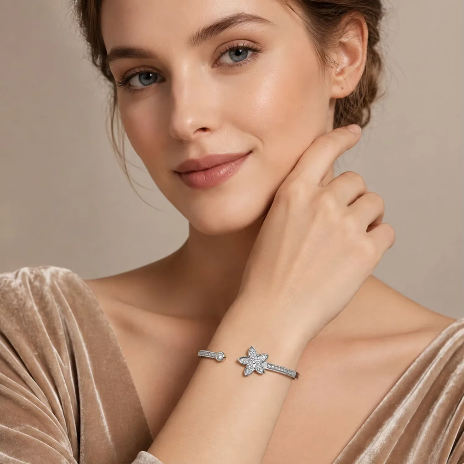 Women Delicate Star Shape Open Bangle Full Inlaid Shiny Stone Cuff Bracelet For Daily Dating Evening Holiday Occasions