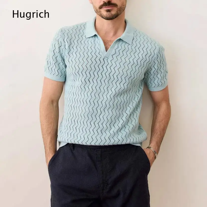 Men Light Blue Hollow Zigzag Knit Polo Shirt Notch Collar Breathable Short Sleeve Knit Top