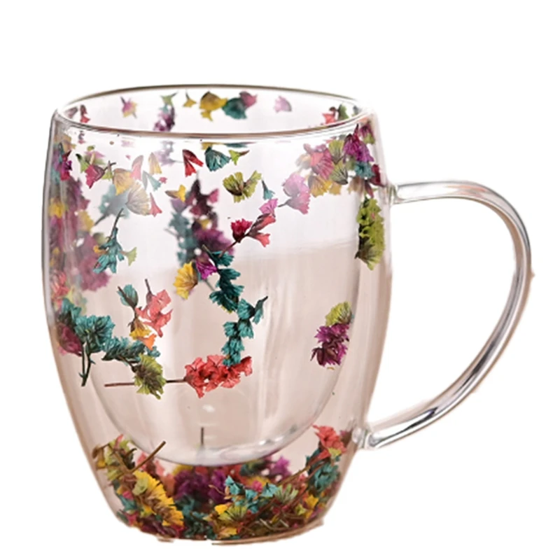 2PCS Fillings Dry Flowers Wall Glass Cup With Handle Heat Resistant Hot Cold Beverage Tea Coffee Insulated Mug