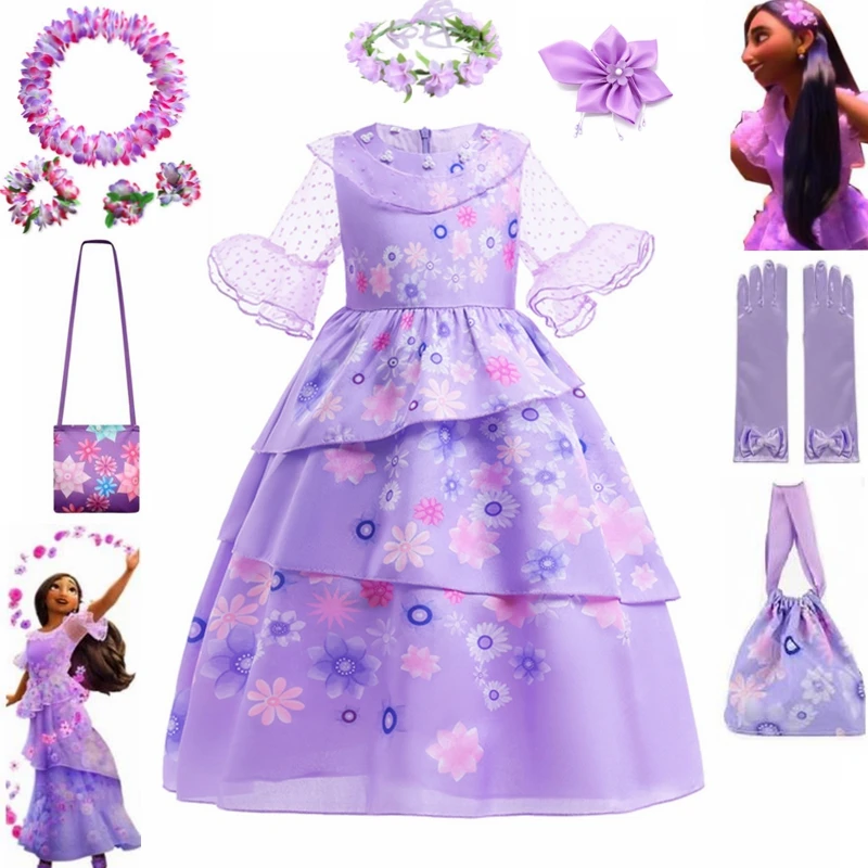 Encanto feminino com charme, vestido de princesa, isabella, roupa de festa fantasia, flor, criança