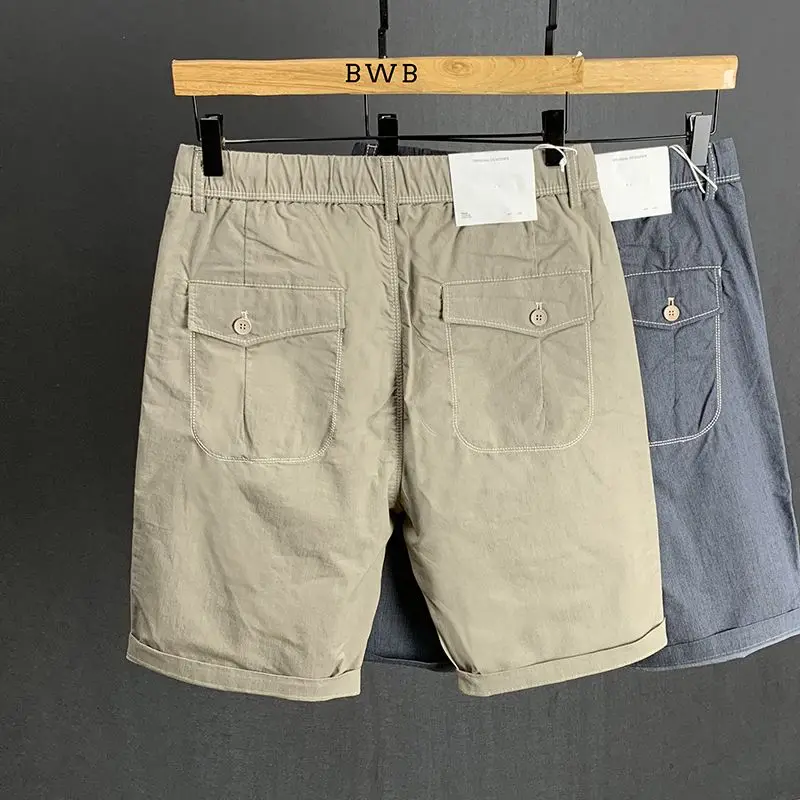 2024 Summer New Casual Vintage Men Thin Trend All-match Loose Solid Color Pocket Large Size Elastic Waist Pure Cotton Shorts