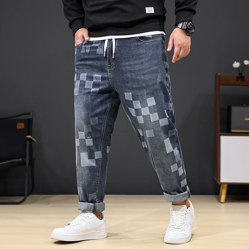 

8XL oversized jeans men's fashion mosaic printing stylish stretchy plus size casual denim loose 150kg fat pants