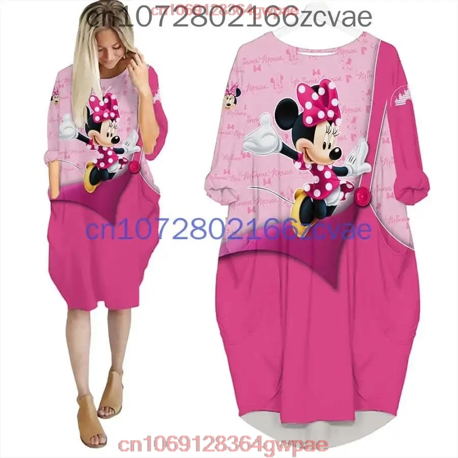 Daisy Duck Oversize Long Sleeves Pocket Dress Disney Cartoon Batwing Pocket Dress Women\'s Fashion Versatile Loose Party Dress