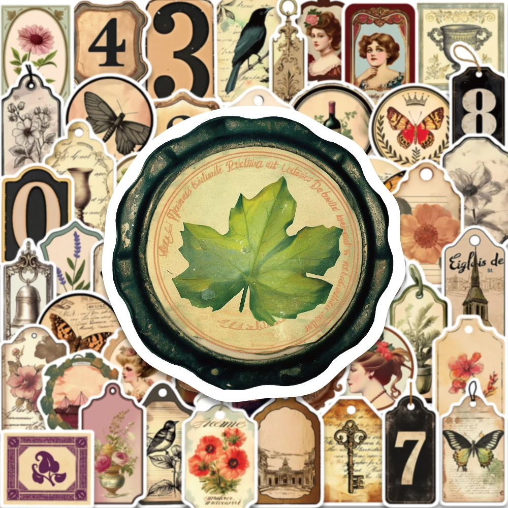 50PCS Fading Retro Medieval Commemorative Label Art Stickers Butterfly Flower Digital Decoration Guitar Laptop Luggage Scrapbook