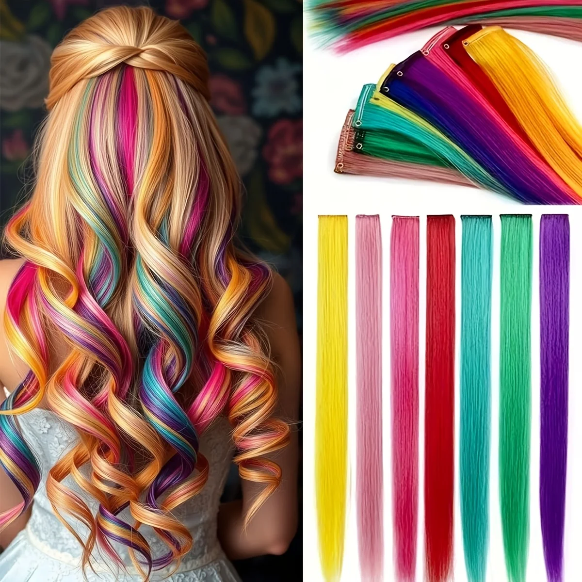 7-Piece Rainbow Clip Hair Extension for Ladies - Elegant Long Straight Fiber Wig, Perfect for Pie and Highlight, Elegant Style