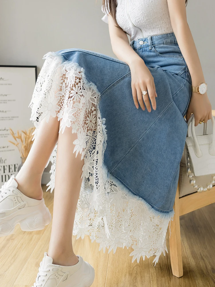 Vintage Patchwork Lace Hollow Out Jean Skirt Women Korean Fashion High Waist Midi Denim Skirt Female Zipper Casual Elegant Skirt