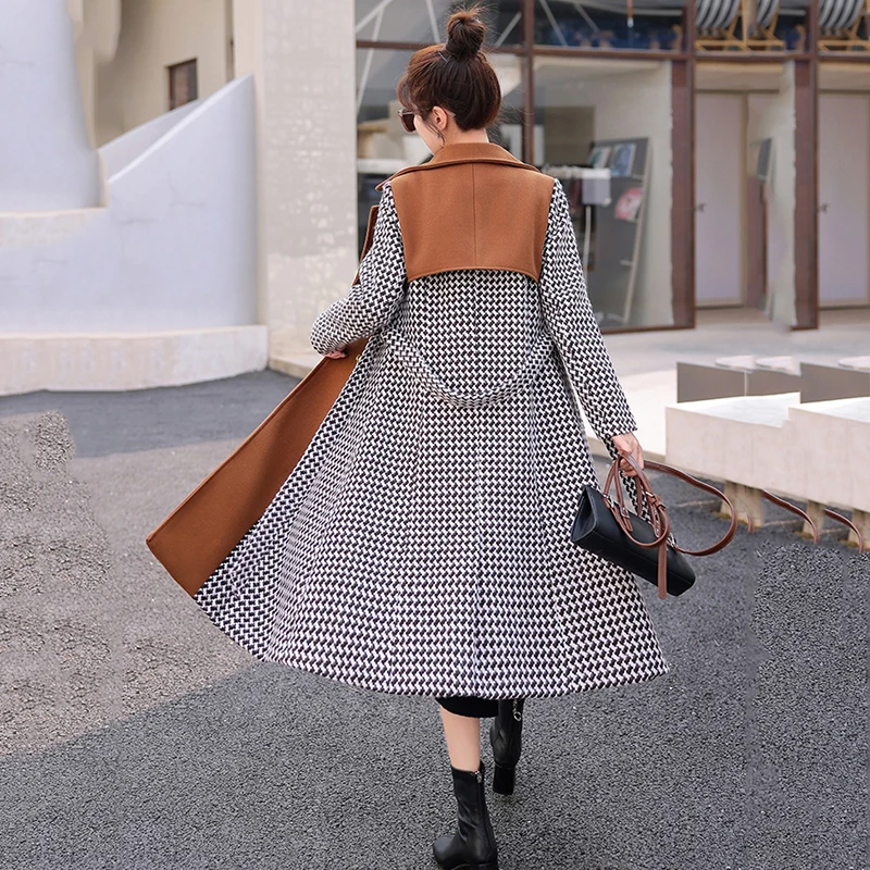 Veste longue en laine à carreaux pour femmes, vêtements d'extérieur décontractés coréens, manteau coupe-vent en laine à double boutonnage, vêtements pour femmes, nouveau, printemps, automne, 2024