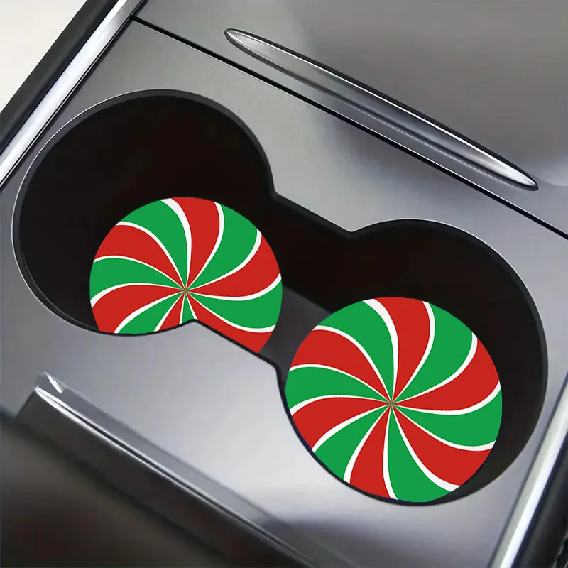 2-Pack Christmas Candy Patterned Car Cup Holder Coasters, 2.75