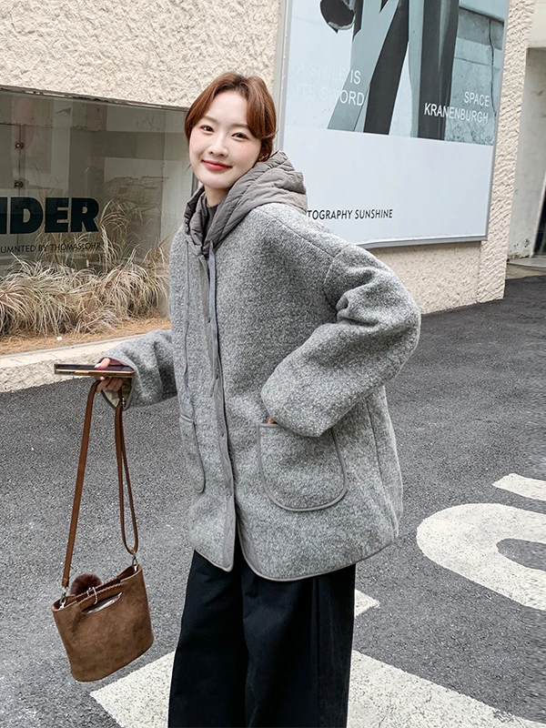 Veste en laine à capuche pour femme, automne-hiver, décontractée, polyvalente, chaude, blanche, duvet, vêtements d'extérieur