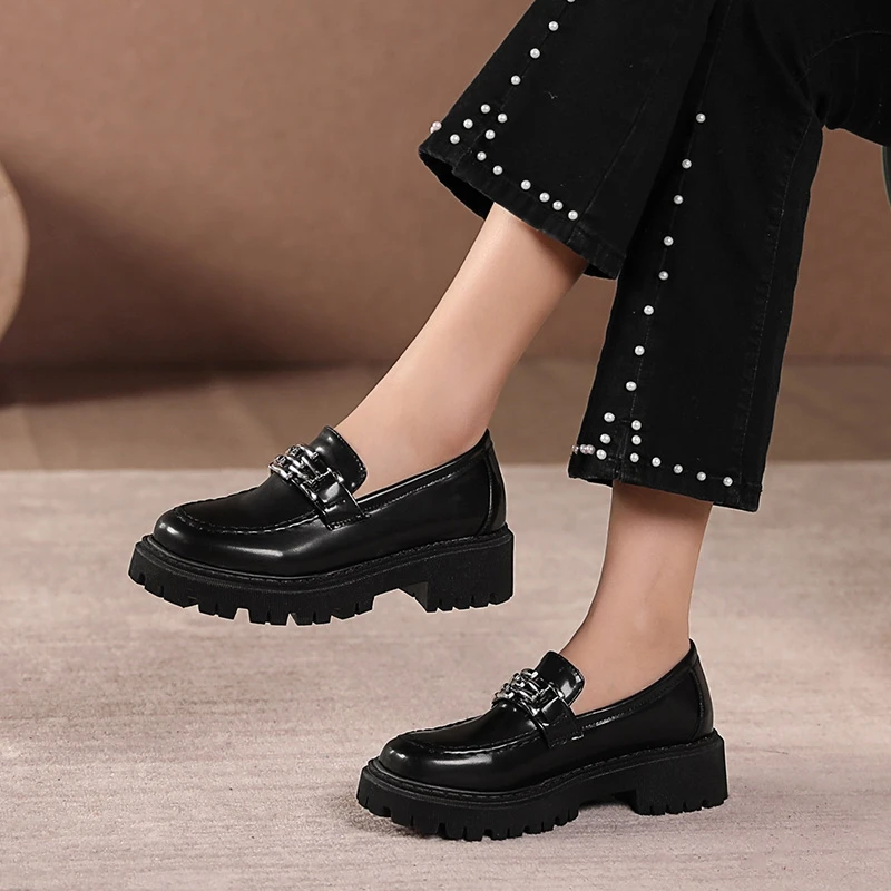 BLXQPYT Zapatos De Mujer Big Size 35-45 Retro Thick Soled Square Heel Buckle Women Shallow Mouth Single Loafers Shoes C22-08