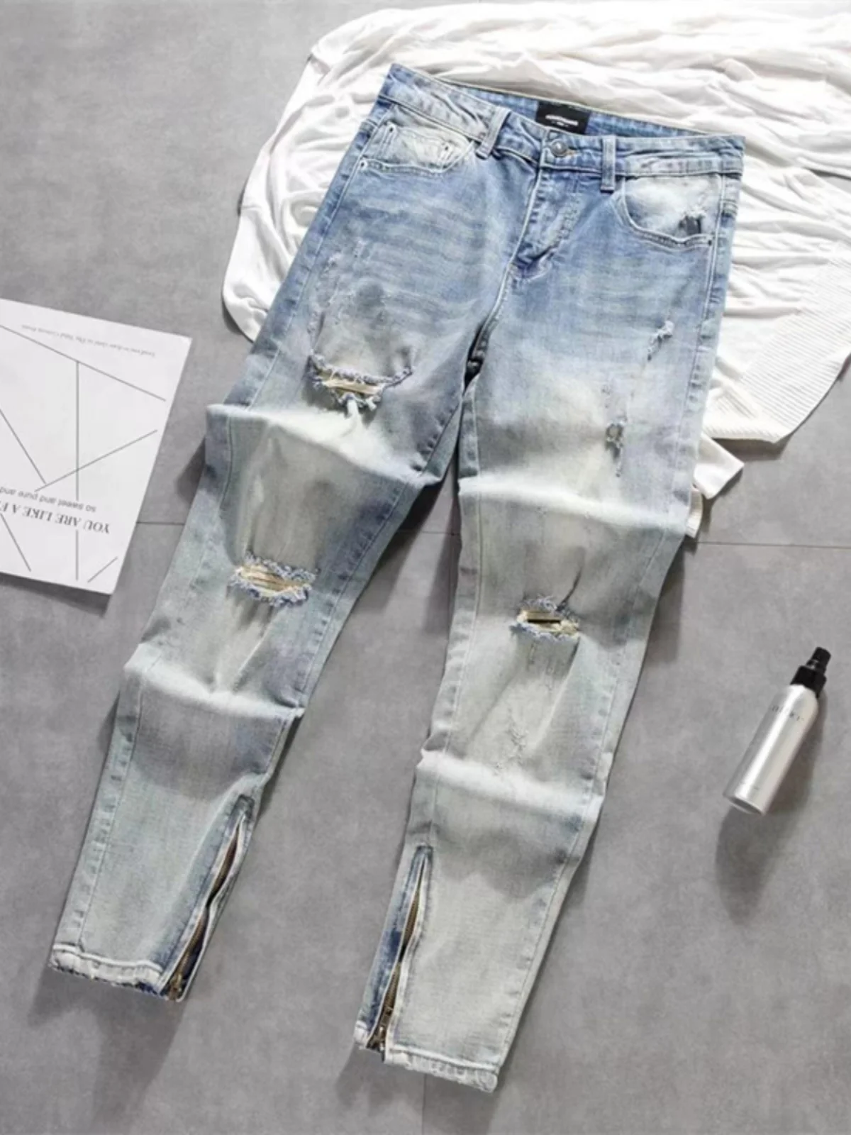 

Модные рваные джинсовые джинсы цвета adient, мужские эластичные облегающие повседневные брюки с украшением на молнии, молодежная модная одежда