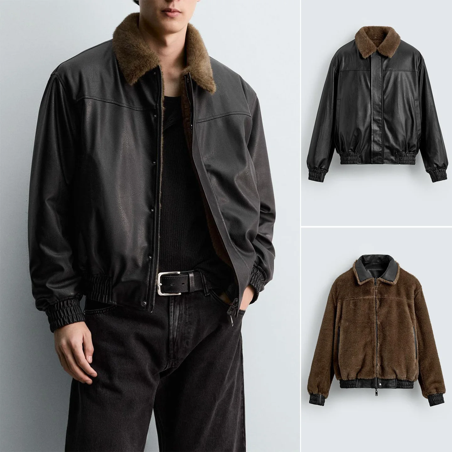 

Men's Winter New Slim Fit Long Sve Double Sided Leather Effect ort Jaet Coat Warmth Polyester Fiber Zipper Closure