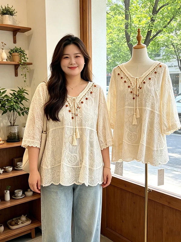 

plus Size Women's Lace Hollow out Sun Protection Shirt Summer New Design Sensation Meat Covering Lace Top Small Shirt