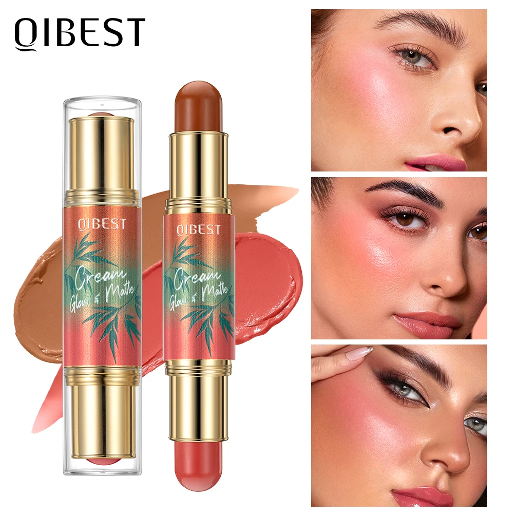 QIBEST 2-in-1 Blush Stick Daily Portable Double Headed Bronzer Blush Light Soft Mist Makeup Effect Contourining Stick Cosmetics