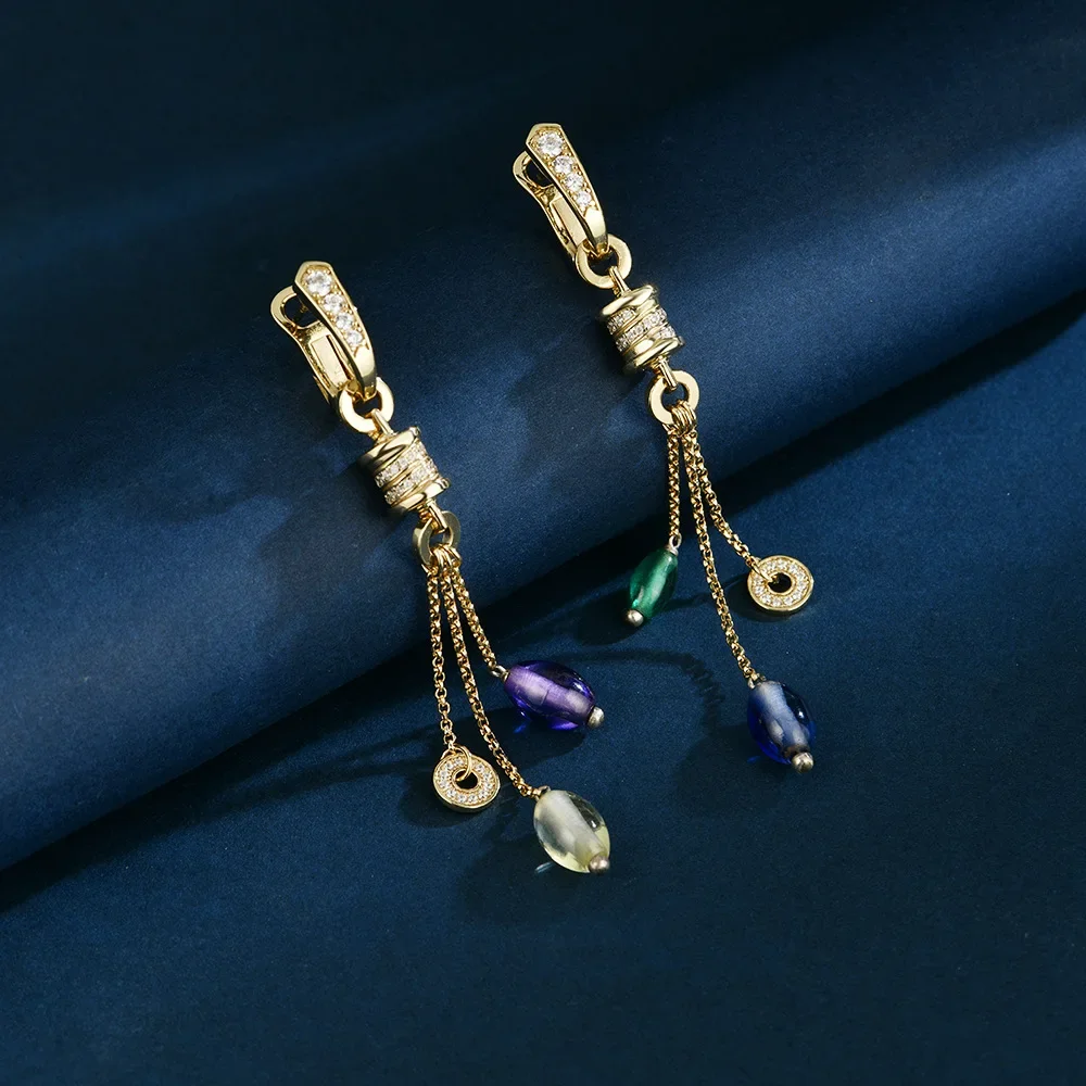 Nuevo S925 plata pura con incrustaciones de 6,5*8*7 piedras preciosas de colores, pendientes de oro K de alta gama de lujo ligero, joyería