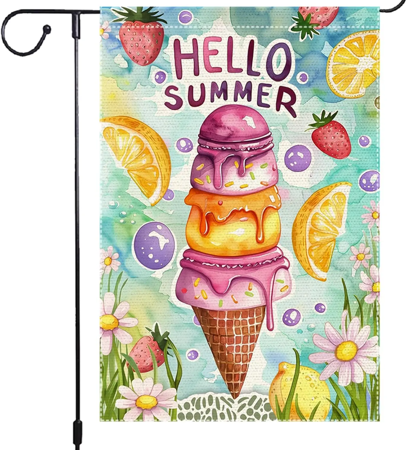 Hello Summer Garden Flag 12x18 Inch Double Sided Burlap Flag Ice Cream Lemon Strawberry Daisy Watercolor Outdoor Decor for Y jjp
