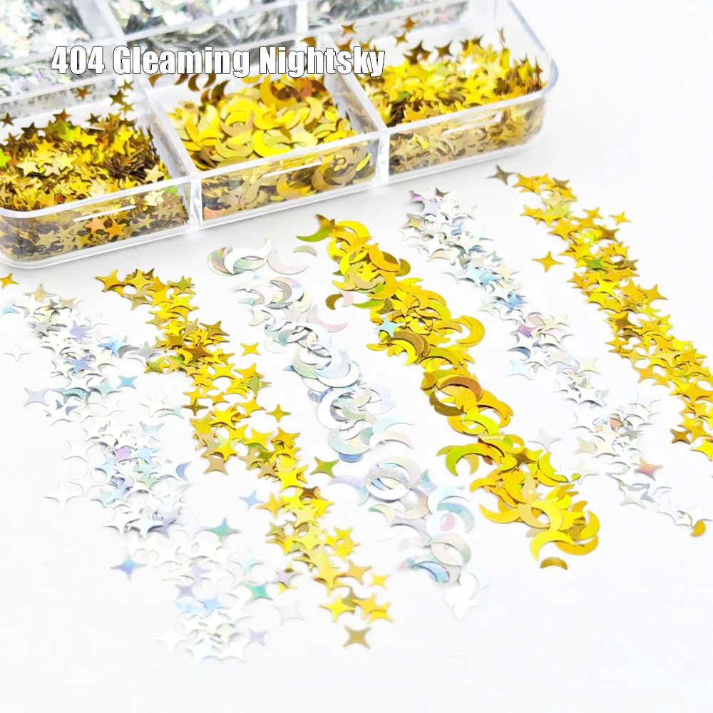 6그리드 글리밍 나이트스카이 네일 오너먼트 플레이크 크롬 홀로 실버 골드 스타 스팽글 세트 UV 젤 네일팁 메이크업 드롭 글리터 404