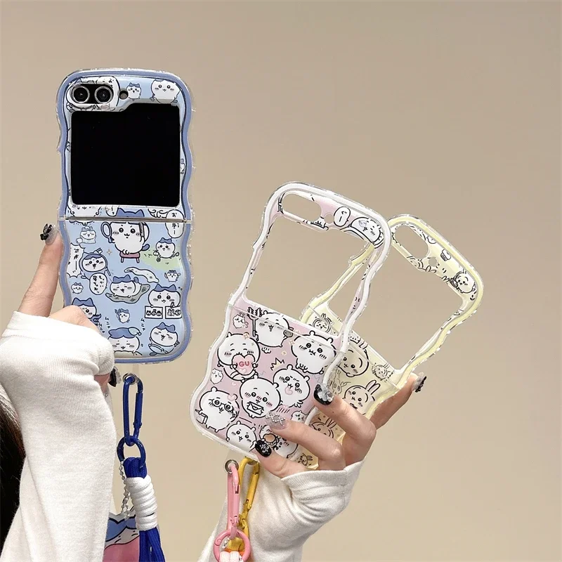 Cute Cartoon Sanrio Japan Anime Chiikawa Phone Case For Samsung Galaxy Z Flip 6 5 Soft TPU Cover For Z Flip 3 4 With Lanyard