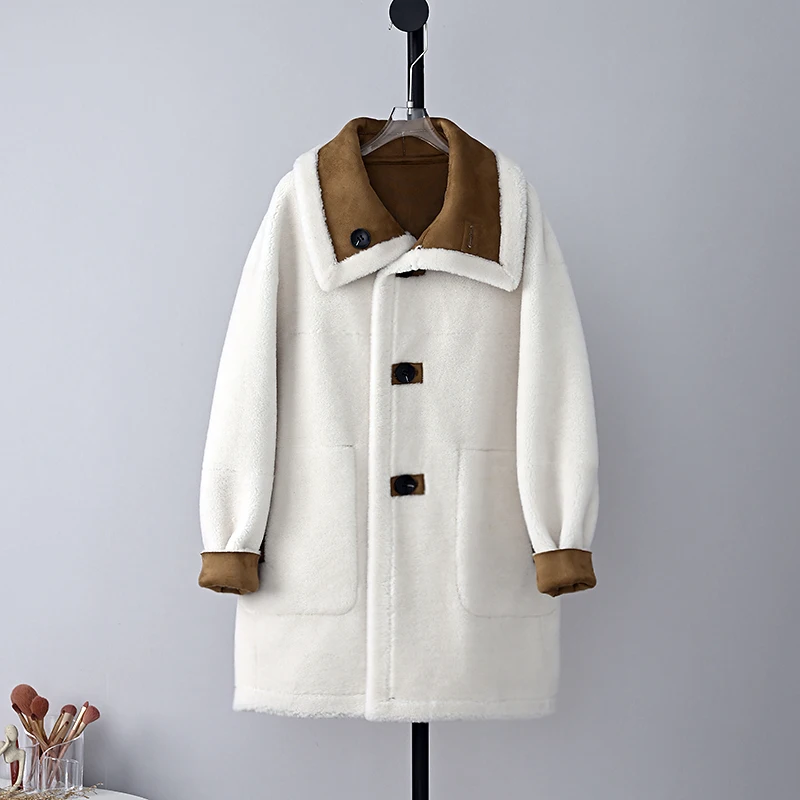 PT314 Women Genuine Wool Double Sided  Warm Coat Female Girl Sheep Shearling Winter Hooded Casual Overcoat