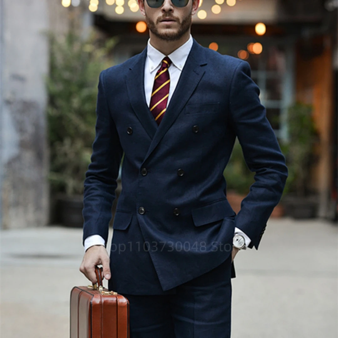 

2 Piece Navy Blue Wedding Men Suits Slim Fit Notch Lapel Double Breasted Blazer Pants Formal Business Groom Tuxedo Men Clothes