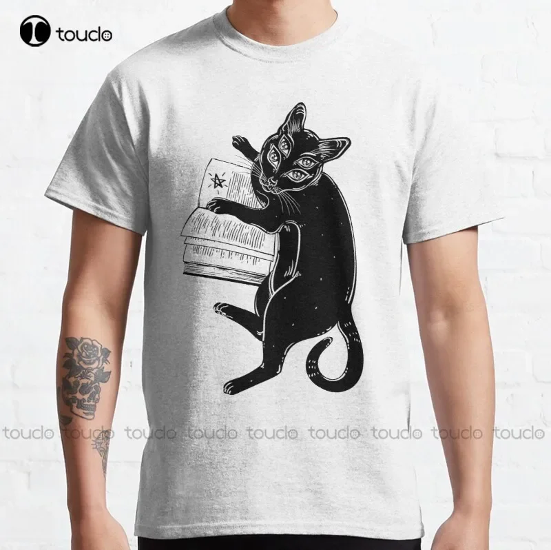 New Smart Black Boho Four Eyed Demon Magic Cat Reading The Necronomicon Book. Classic T-Shirt Gym Shirt Cotton Tee Shirts Xs-5Xl