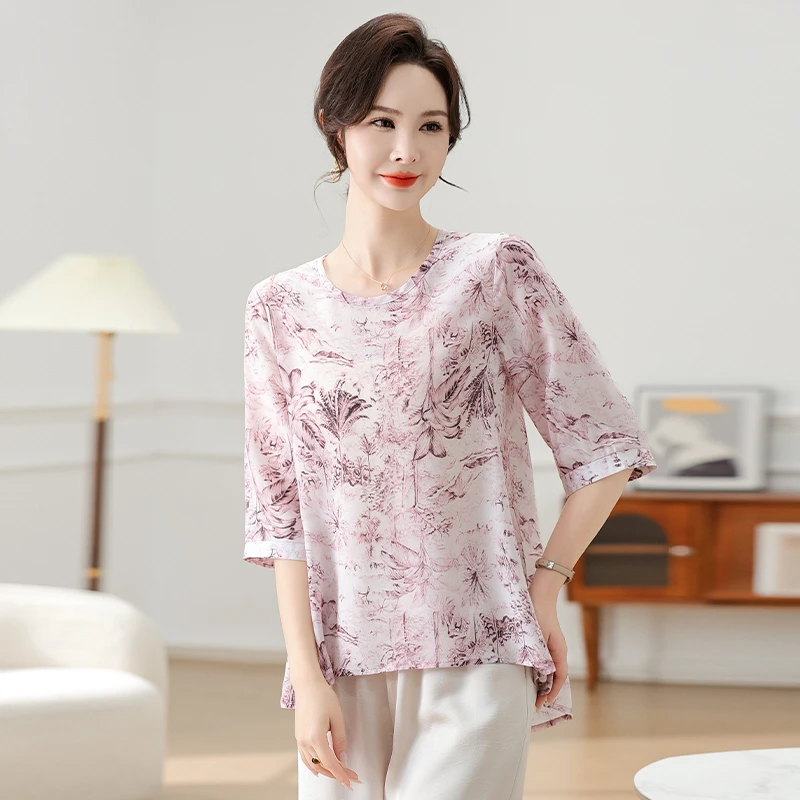 Fashion Vintage Printing Chiffon Shirt Summer Casual O-Neck Short Sleeve Retro Loose Pullovers Blouse Women's Clothing