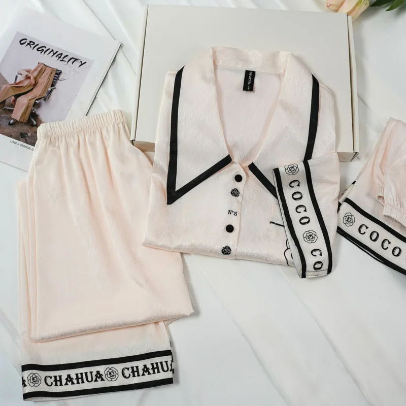 Temperament Noble Three Pieces Ice Silk Pajamas Women Short Sleeve Set Camellia Light Luxury Women Soft Herringbone Pyjamas Sets