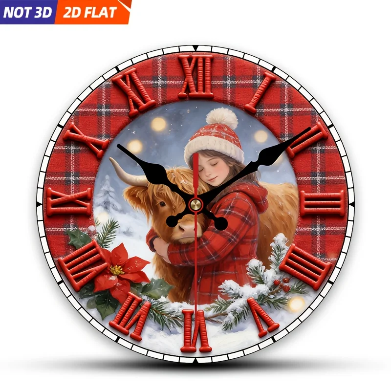 

1 шт. двухмерных плоских настенных часов с рождественским красным клетчатым узором и изображением девочки и коровы. Этот тихий декоративный элемент