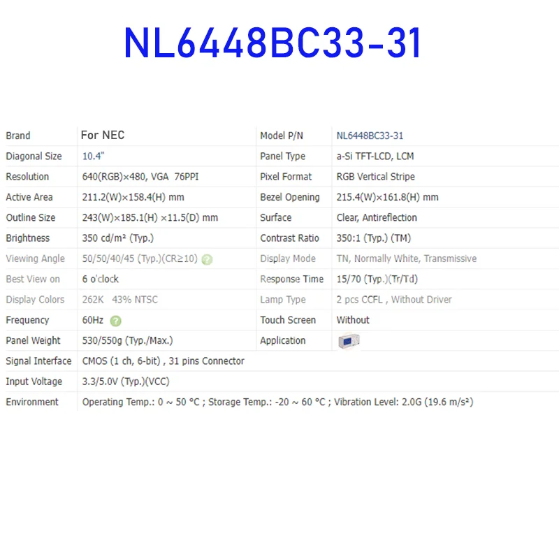 TFT LCD Display Screen Panel para NEC, NL6448BC33-31, 10.4 ", 31 pinos, novo e transporte rápido, 100% testado