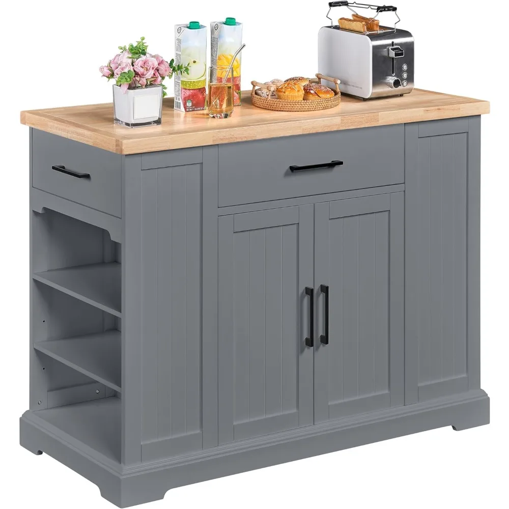 

Rolling Kitchen Island with Thicker Rubberwood Countertop, Kitchen Cart on Hidden Wheels with 3 Drawers & Open Shelves, Storage