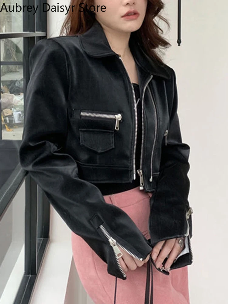 Black Cropped Leather Jacket Women Streetwear Moto Biker Zipper Leather Jacket Punk Winter Irregular Faux Fur Aviator Coat New