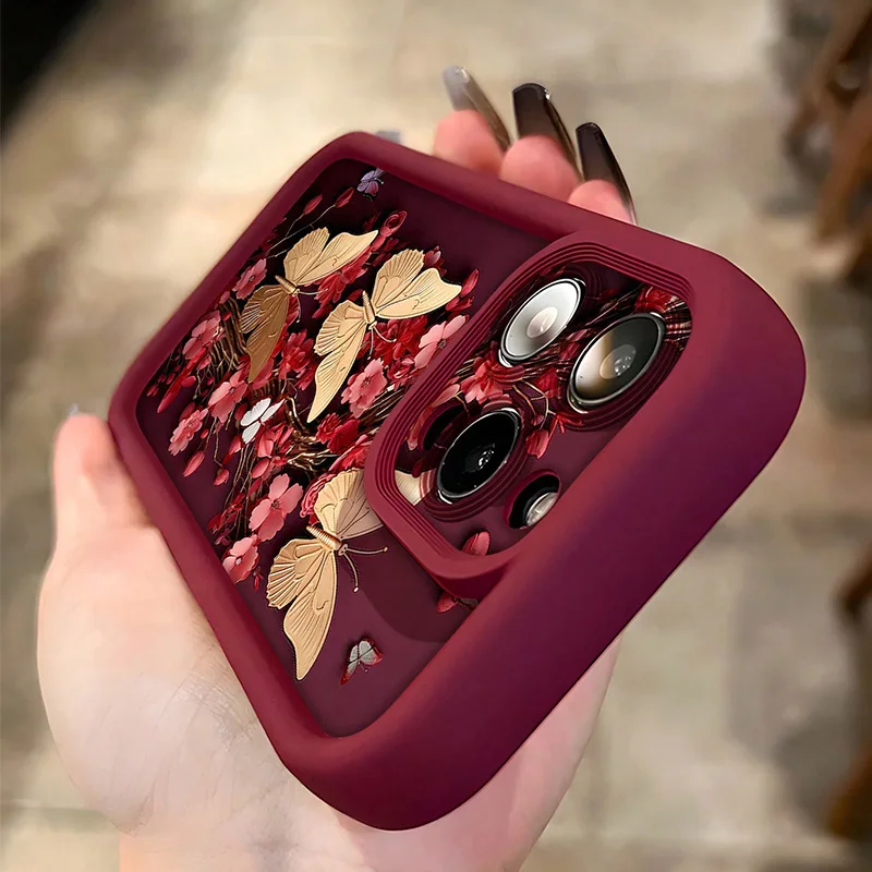 Vintage Red Floral Gold Butterfly Pattern Soft TPU Phone Case For iPhone 17 11 12 13 14 15 16 Pro Max XS X XR 7 8 Plus 16 Cover
