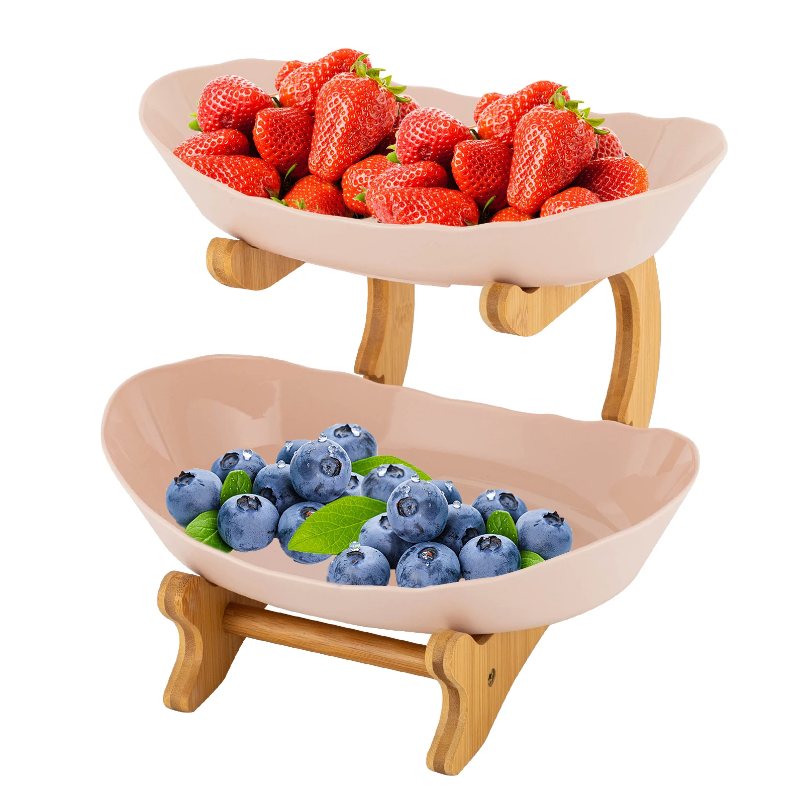 

3-Tier Serving Bowls with Stand Food-Grade PP Bowl Snack Dessert Cake Tray Kitchen Tabletop Salad Bowl with Bamboo Wood Stand