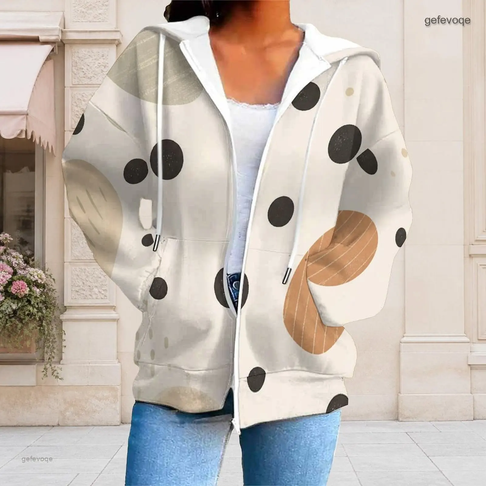 Women Abstract Polka Dot Printed Long Sleeve Zip Up Hoodie with Drawstring Hood and Pockets