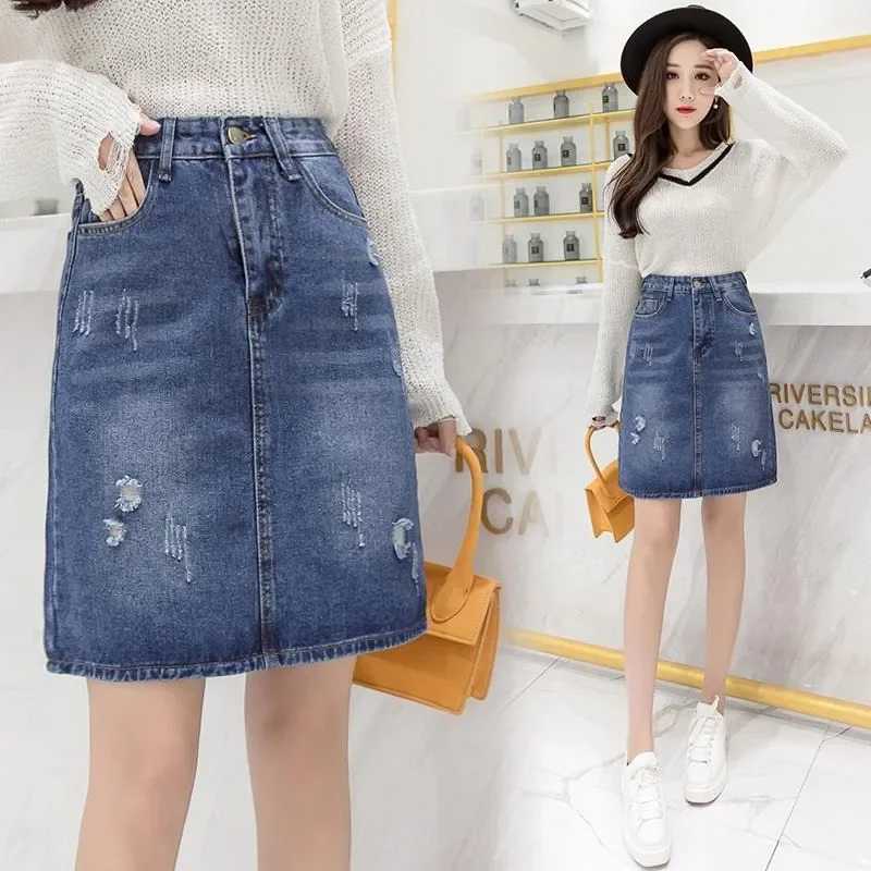 High Waist Coquette Midi Jeans Skirts for Women Blue Woman Denim Skirt Sexy with Pocket Ripped Zipper To Knees Length New in V