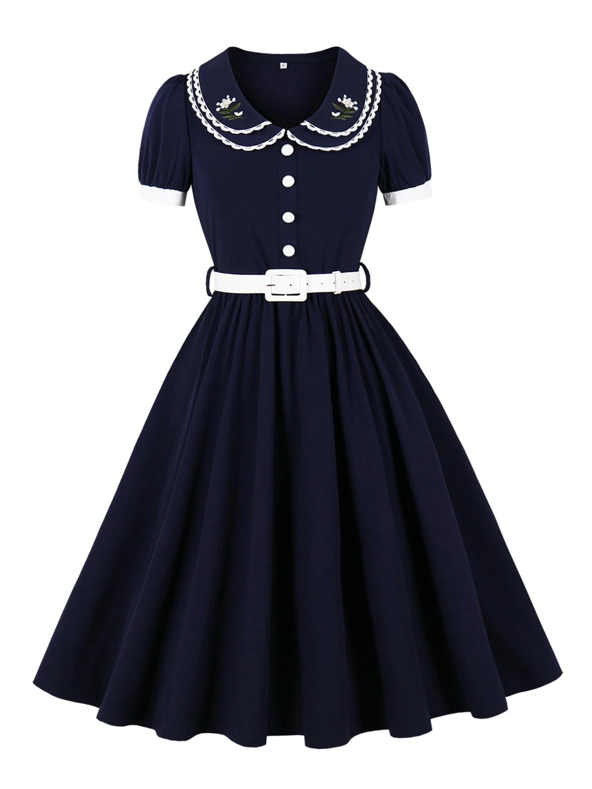 Tonval Spitzenbesatz bestickter Peter-Pan-Kragen Vintage 1950er-Jahre-Partykleidung für Frauen Knöpfe vorne mit Gürtel Midi-Swing-Kleider – Detail 13