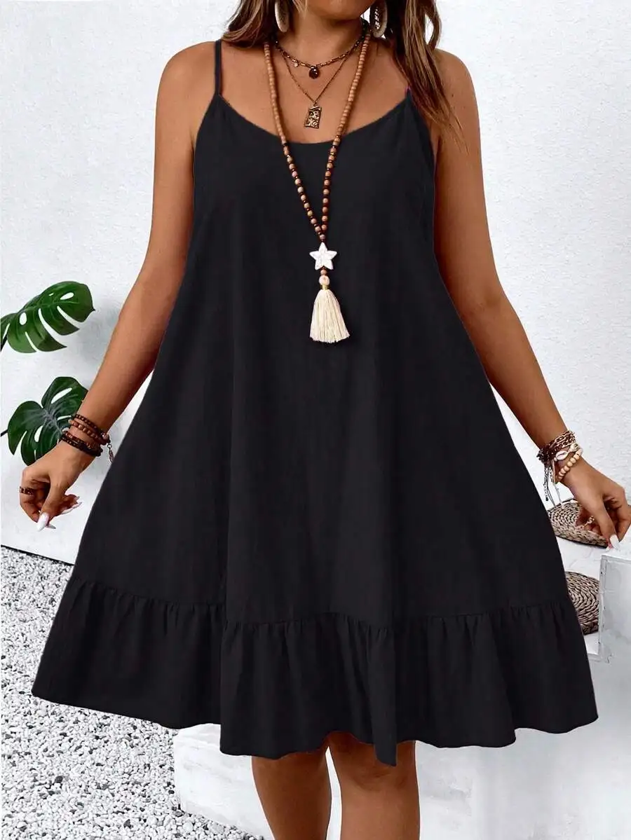 

Черное однотонное платье А-силуэта без рукавов с рюшами по низу для повседневной носки