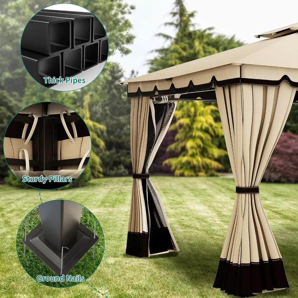 Imagem -06 - Pátio Gazebo Rede e Cortinas Tecido Macio Top Garden Windows Tent com Steel Frame Outdoor Double Roof Canopy 10x10ft