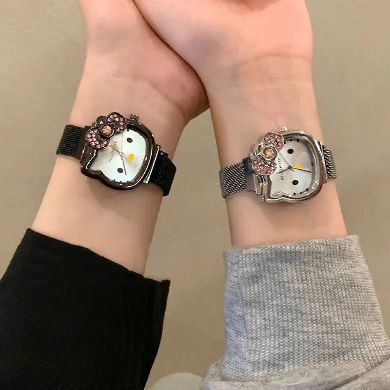 Kawaii Hello Kitty Bow Diamond Watch Sanrio Anime Fashionable Quartz Watches Cute Cartoon Magnet Watches Girls Birthday Gifts