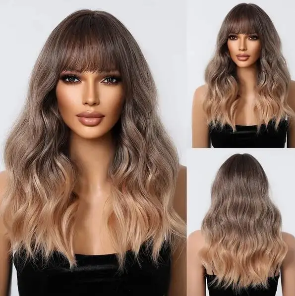 Brown blonde bangs wig with natural wave shape