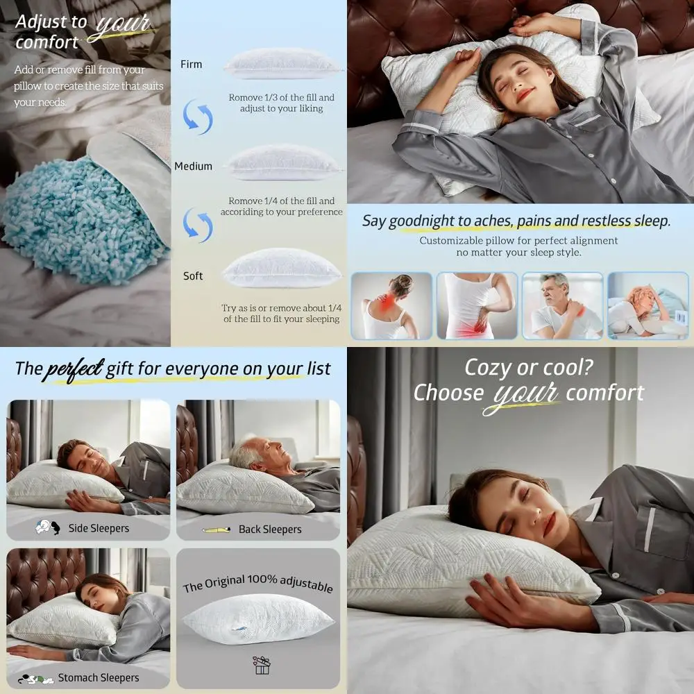 

Queen Size Cooling Pillow Set - 4 Pack Shredded Memory Foam Pillows for Comfortable Sleep, Neck Support, and Side Sleeping - Whi